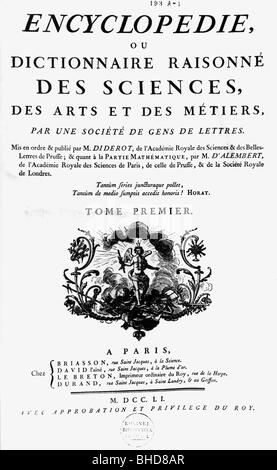 Diderot, Denis, 5.10.1713 - 31.7.1784, französischer Autor/Schriftsteller, Philosoph, Werke, Titelseite einer Enzyklopädie, Stockfoto