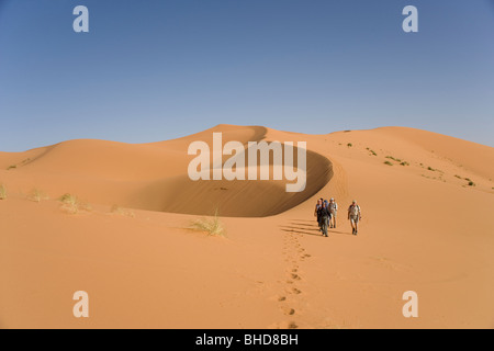 Touristen auf der Oberseite Sanddünen am Erg Chebbi in der Wüste Sahara in Marokko Stockfoto