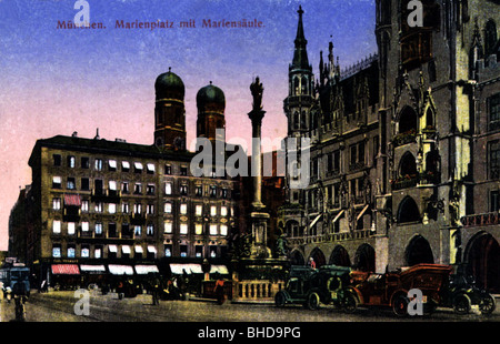 Geographie / Reisen, Deutschland, München, Marienplatz mit Mariensaeule und Rathaus, farbige Ansichtskarte, 21.1.1917, gestempelt Stockfoto