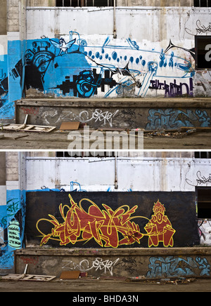 Auf lange Sicht, Entwicklung eines Stückes von Graffiti an der Wand (Vichy - Frankreich). Vichy, Évolution Dans le temps d ' un Graffiti. Stockfoto