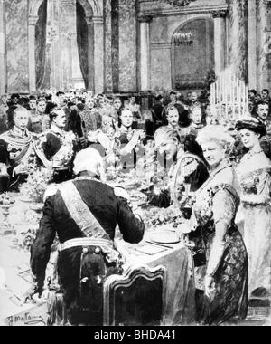Wilhelm II., 27.1.1859 - 4.6.1941, deutscher Kaiser 15.6.1888 - 9.11.1918, Festlichkeit vor Gericht, 25-jähriges Jubiläum, Abendessen, Berliner Palast, 17.6.1913, Zeichnung, Stockfoto