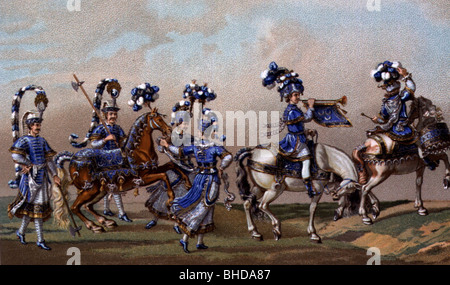 Geografie/Reisen, Frankreich, Feste, 'Grand Caroussel', Paris, 1662, 'Türkisch' von Prinz Conde mit Kriegspferd, nach Aquarell von Sabatier, Chromolithograph von Urrabieta, um 1880, Stockfoto