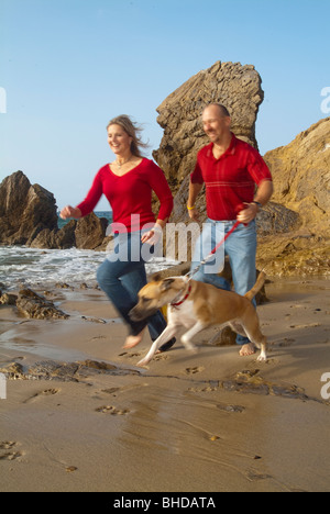 Paar jogging am Strand mit Hund Stockfoto