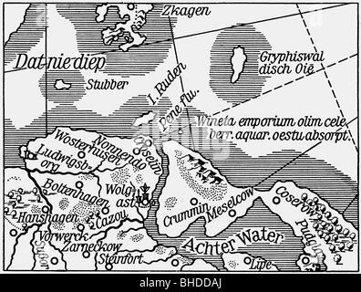 Kartographie, Karten, Mitteleuropa, Deutschland, Cispommerania, Greifswald Bay, mit angenommenen Standort der Vineta, Kupferstich, 1633, Artist's Urheberrecht nicht geklärt zu werden. Stockfoto