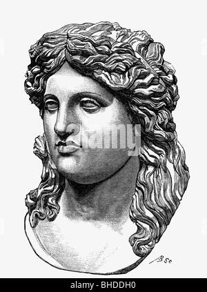 Dionysos (lat.: Bacchus), griechische weingottheit, Porträt, Holzgravur, 19. Jahrhundert, nach alter Büste, Stockfoto