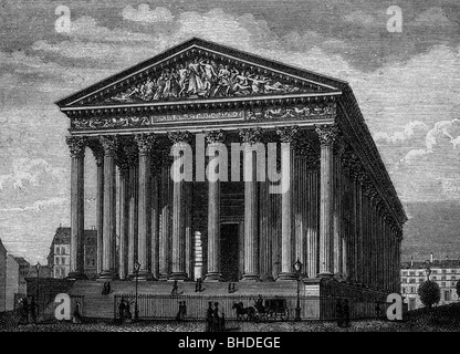 Geographie/Reise, Frankreich, Paris, Stainte Madelaine, erbaut von Barthelemy Vignon, Außenansicht, Holzgravur, 19. Jahrhundert, historisch, historisch, Kirche, Kirchen, Sakral, Sakral, Gebäude, Gebäude, Architektur, Westeuropa, Tempel, Tempel, Neoklassizismus, Säule, Menschen, Stockfoto