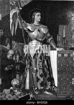Jeanne d'Arc, 6.1.1412 - 30.5.1431, Französische nationale Heldin, volle Länge in Rüstung, bei der Krönung von Karl VII. in der Kathedrale von Reims am 17.7.1429, Holzstich nach Gemälde von Jean-Auguste-Dominique Ingres, Jahrhundert, Artist's Urheberrecht nicht geklärt zu werden. Stockfoto