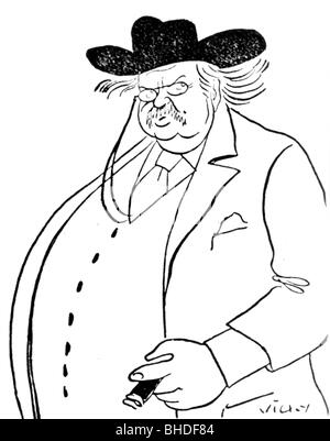Chesterton, Gilbert Keith, 29.5.1874 - 14.6.1936, britischer Autor/Schriftsteller, halbe Länge, Karikatur von Vichy, Stockfoto