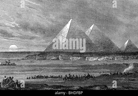 Alte Welt, Sieben Wunder, Gizeh, Pyramiden von Cheops, Khafre und Mykerinos, Holzgravur, 19. Jahrhundert, Stockfoto