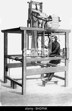 Jacquard, Joseph Marie, 7.7.1752 - 7.8.1834, französischer Erfinder, seine Konstruktion eines Webstuhls 1808, Holzstich, 19. Jahrhundert Stockfoto