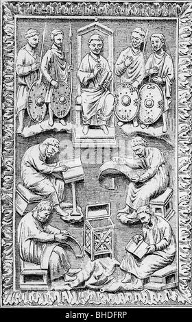 David, König der Juden, 1004 - 965 v. Chr., diktierte Psalmen, Holzgravur nach Bucheinband, fränkische Schnitzereien aus Elfenbein, 9. Jahrhundert, Louvre, Stockfoto