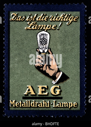 Werbung, Energie, Strom, Lampen, Glühlampe aus Metall, AEG, Stempel, ca. 1910, Stockfoto