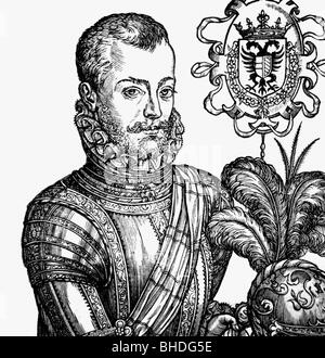 Johannes von Österreich, 24.2.1547 - 1.10.1578, spanischer General, unehelicher Sohn des Heiligen römischen Kaiser Karl V., Porträt, Holzschnitt, Ende des 16. Jahrhunderts, Stockfoto