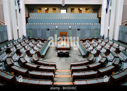Parliament House House House of Representatives Chamber Canberra Australia // CANBERRA, Australien — das House of Representatives Chamber im Parliament House, Canberra, zeichnet sich durch sein grünes Inneres aus, das die traditionelle Farbe des britischen Unterhauses symbolisiert. Diese Kammer dient als primärer Legislativraum, in dem 151 gewählte Vertreter über Gesetze diskutieren und Gesetze verabschieden. Das 1988 eröffnete Parliament House ist ein Symbol der australischen Demokratie und befindet sich auf dem Capital Hill. Die Architektur des Gebäudes kombiniert modernes Design mit traditionellen Elementen und macht es zu einem bedeutenden Wahrzeichen der Nation Stockfoto