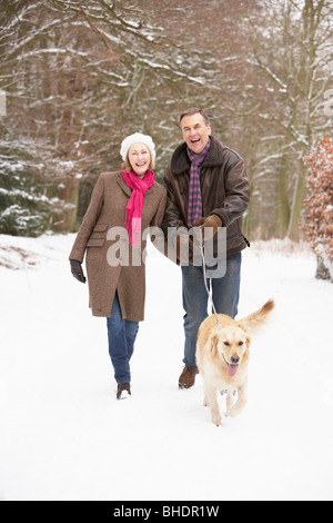 Älteres paar Walking Hund durch den verschneiten Wald Stockfoto