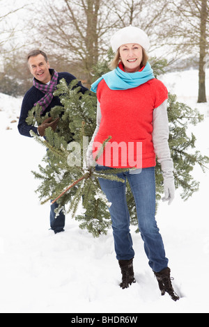 Älteres Paar mit Weihnachtsbaum In Schneelandschaft Stockfoto