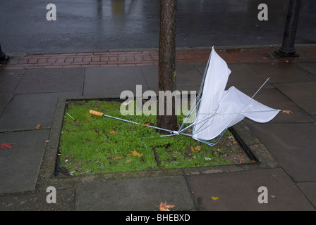 Verlassene Regenschirm auf einem Grünstreifen in Westlondon gebrochen Stockfoto