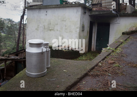 Milchkannen vor einem kleinen Haus auf Madeira erwartet Sammlung Stockfoto