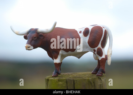 Texas Longhorn Plastikmodell Kuh fotografiert außerhalb in einem Feld. Stockfoto