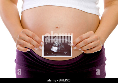 Schwangere Frauen zeigt ein Ultraschallbild Stockfoto