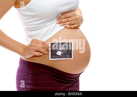 Schwangere Frauen zeigt ein Ultraschallbild Stockfoto