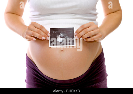 Schwangere Frauen zeigt ein Ultraschallbild Stockfoto