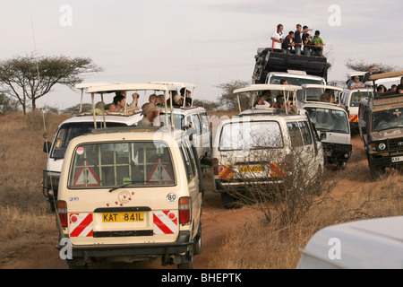 Ein Stau von Safari Touristenfahrzeuge in Samburu National Reserve, Kenia. Stockfoto