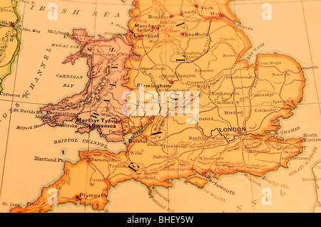 Alte Karte von England aus original Geographie-Lehrbuch (1879) Stockfoto