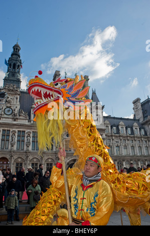 Paris, Frankreich, große Crod-Leute beobachten Asiaten, die das „Chinesische Neujahr“ feiern, jährliche Straßenkarnevalsparade, „Chinesische Drachen“ tanzen Stockfoto