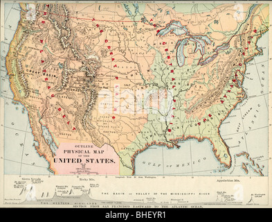 Alten physische Karte von USA aus original Geographie Lehrbuch, 1903 Stockfoto