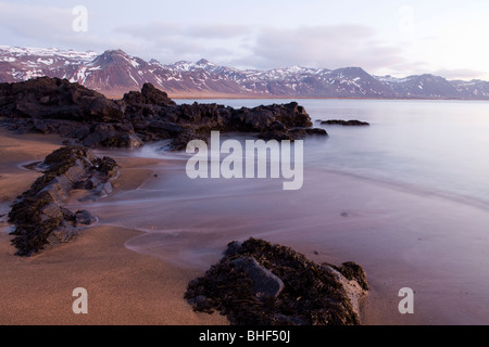 Sandstrand am Budir, Snaefellsnes, Island bei Sonnenaufgang Stockfoto