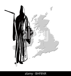 Grim Reaper! Grafische Darstellung einer schwarzen Silhouette der Sensenmann Stellung über das Vereinigte Königreich Stockfoto