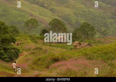 Menschen auf einer Spur in das Dorf, Hochland, Papua Neuguinea, Oceania Stockfoto