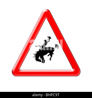 Warnung Straßenschild mit Silhouette der Cowboy auf einem Pferd Stockfoto