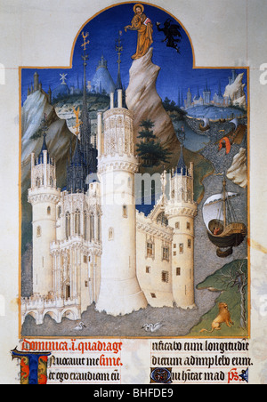 Religion, christenheit, Bücher, Stundenbuch des Herzog von Berry, "Tres Riches Heures", 1410/1416, Miniatur von Jean von Limburg-Land, Versuchung Christi, Burg Mehum sur Jewre im Vordergrund, Musee Conde, Chantilly, Stockfoto