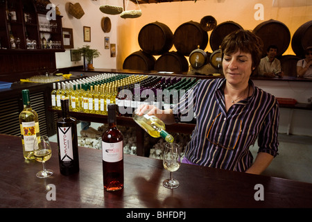 Weinprobe, Bodega La Geria, La Geria, Lanzarote, Kanarische Inseln, Spanien, Europa Stockfoto