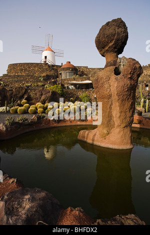 Windmühle und Kakteen, Botanischer Garten Jardin de Cactus, Künstler und Architekten Cesar Manrique, Guatiza, UNESCO-Biosphärenreservat, Stockfoto