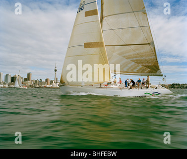 Menschen auf einem Segelboot mit voller Geschwindigkeit vor Waitemata Harbour, Auckland, Nordinsel, Neuseeland Stockfoto