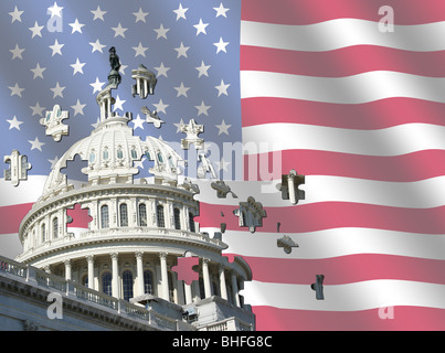 Kuppel des US Capitol Gebäude von Washington DC mit Puzzle-Effekt über wellige amerikanische Flagge Stockfoto