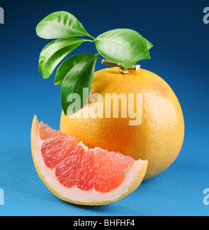 Reife Grapefruit mit Abschnitt auf blauem Hintergrund Stockfoto