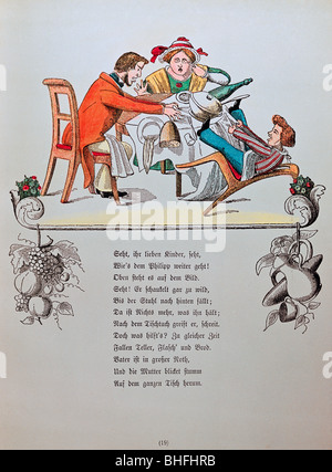 Literatur, 'Der Struwwelpeter', 'Die Geschichte vom Zappel-Philipp', Illustration von Heinrich Hoffmann, Jubiläumsausgabe, Frankfurt, 1876, Stockfoto