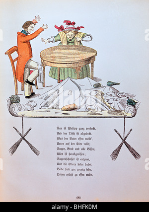 Literatur, 'Der Struwwelpeter', 'Die Geschichte vom Zappel-Philipp', Illustration von Heinrich Hoffmann, Jubiläumsausgabe, Frankfurt, 1876, Stockfoto