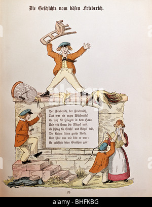 Literatur, 'Der Struwwelpeter', 'Die Geschichte vom bösen Friedrich' (Die Geschichte des Grausamen Friedrich), Illustration von Heinrich Hoffmann, Jubiläumsausgabe, München, 1876, Stockfoto