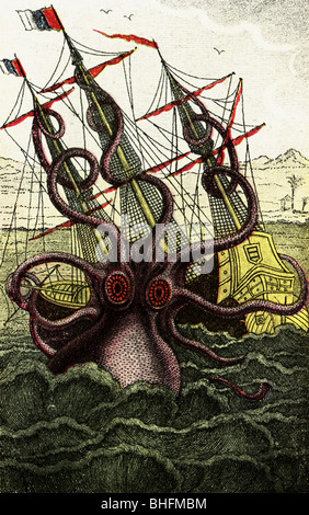 Aberglaube, eine mythologische Kreatur, Grand Squid greift Schiff an, Gravur, "Histoire naturelle, generale et particuliere des mollusques" von Pierre Denys de Montfort, Paris 1801 - 1801, Stockfoto