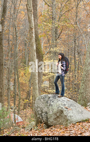 Junge Frau am Stein im Wald Stockfoto