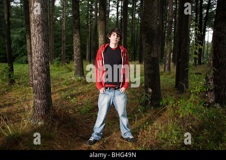 Junger Mann im Wald stehen Stockfoto