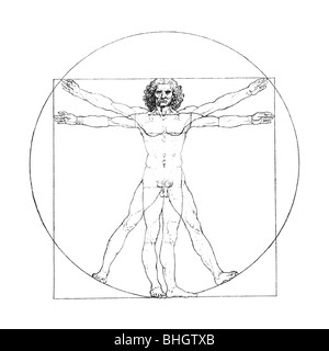 Leonardo Da Vincis Vitruvian Mann, Digital verbessert und retuschiert, isoliert auf weiss. Stockfoto