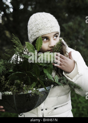 Ein Mädchen, Kommissionierung Kräuter in einem Korb, Italien. Stockfoto