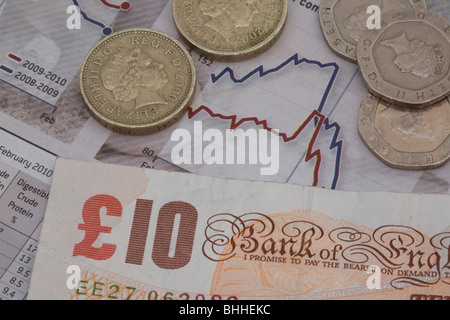 Britische Münzen und Banknoten gegen eine Grafik Stockfoto