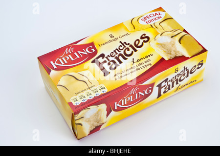 Schachtel mit 8 Herr Kipling Zitrone Französisch Phantasien Schwamm Kuchen mit Vanille topping Stockfoto